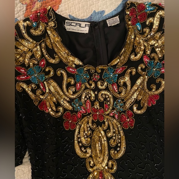 Vtg Scala Milan Paris LA Beaded Sequin Blk Silk SS Dress Size M India Semi Sheer - Picture 3 of 12